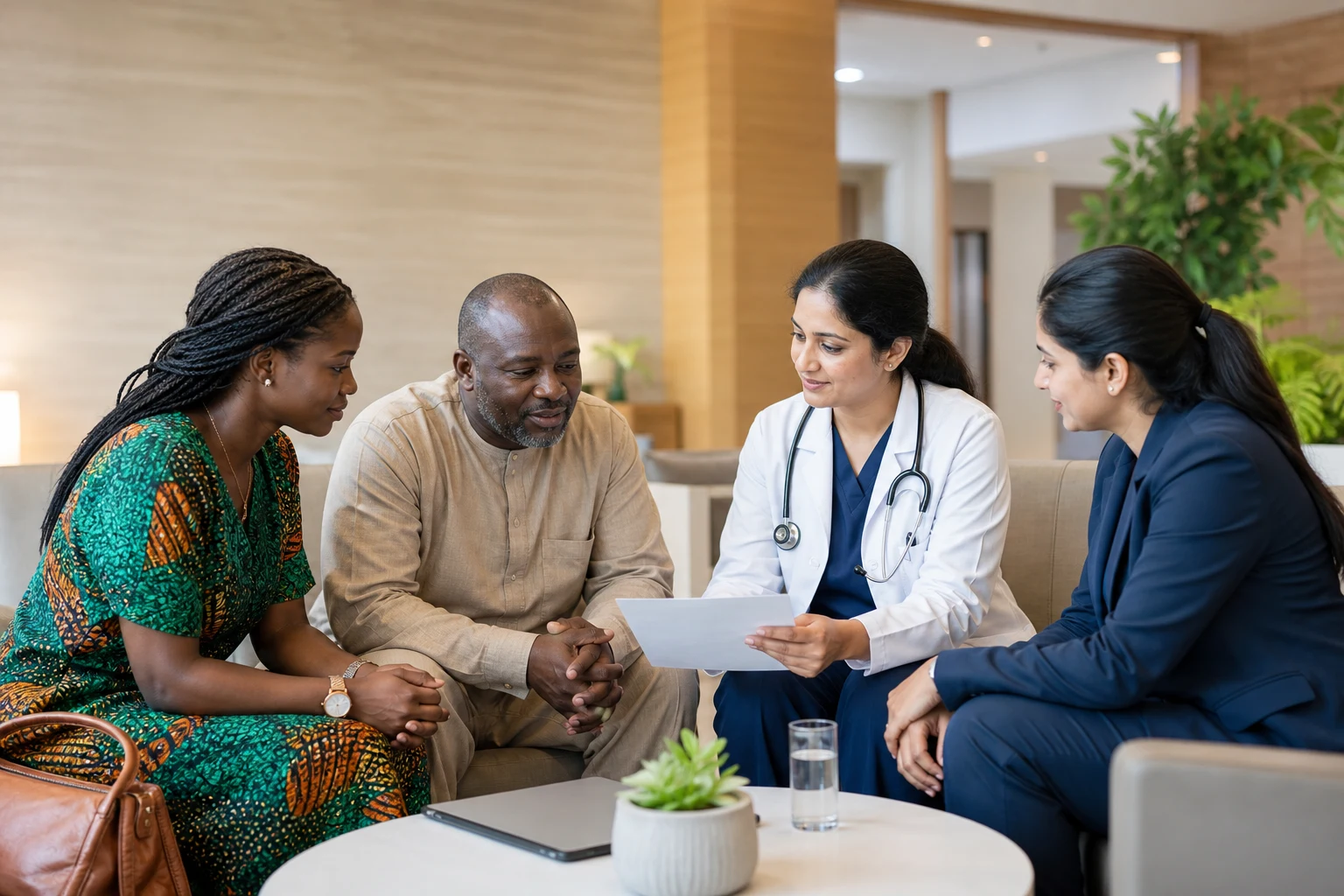 An African family meeting an Indian doctor and patient coordinator in a bright hospital lounge