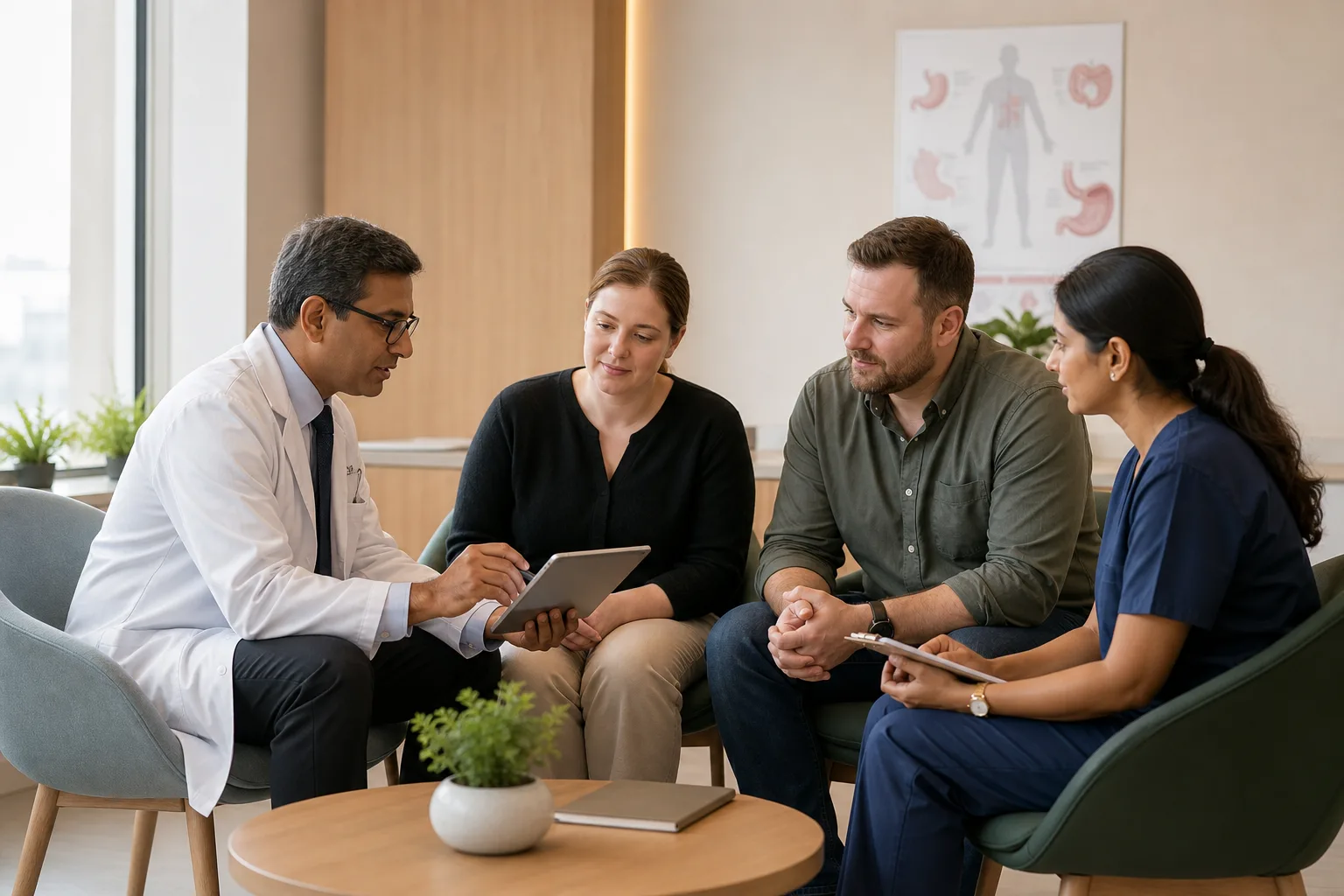 A bariatric surgeon and nutritionist discussing a care plan with an international patient and partner