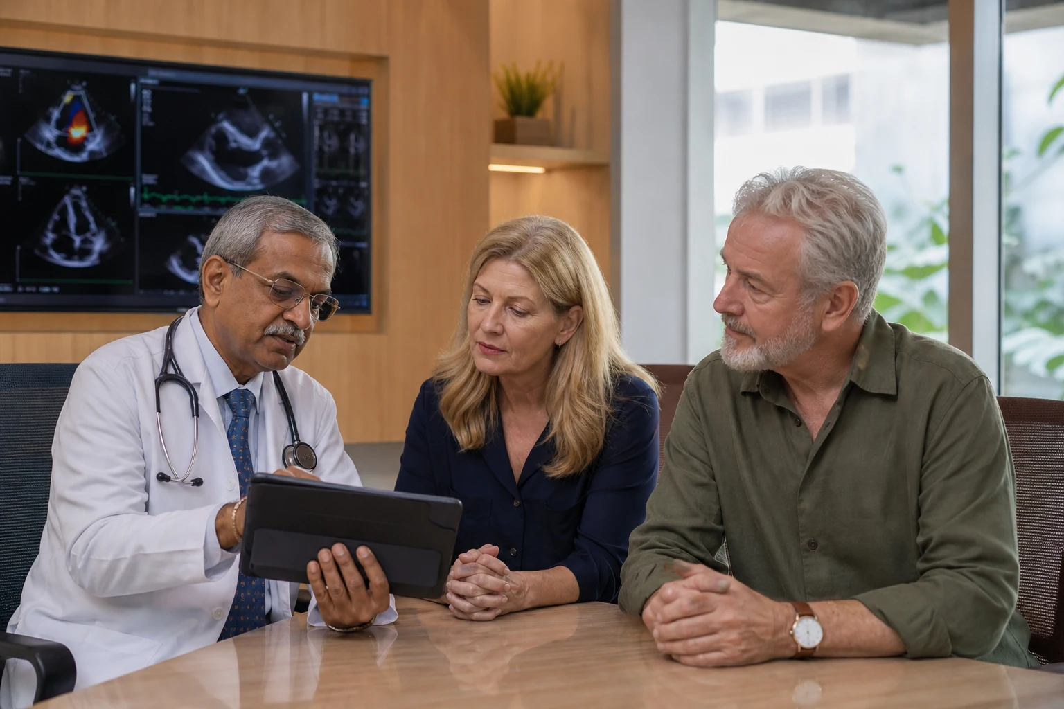 A cardiologist discussing a heart scan with an international patient and family member