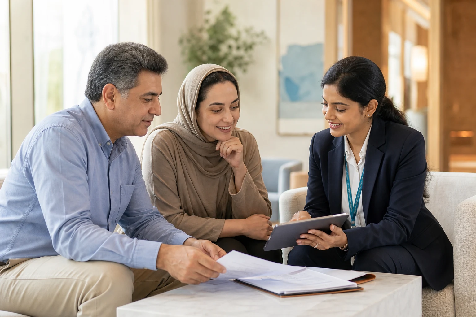 An international family reviewing a treatment and travel cost plan with an Indian coordinator