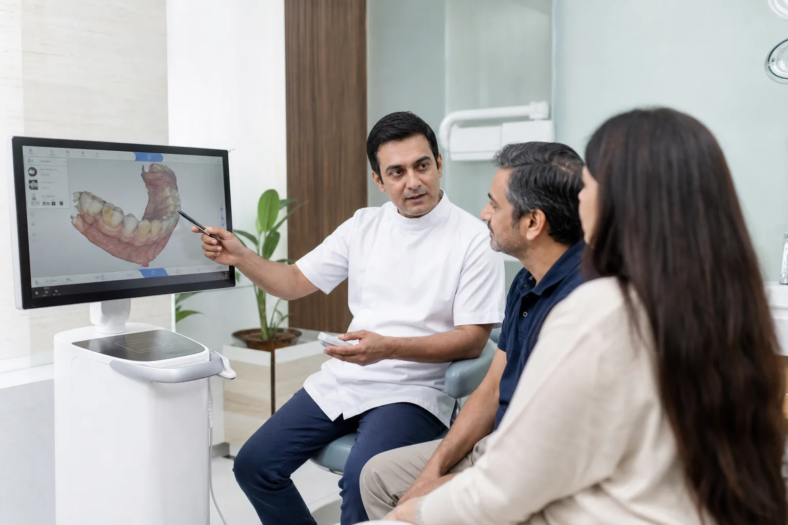 A dentist reviewing a dental scan with an international patient and companion
