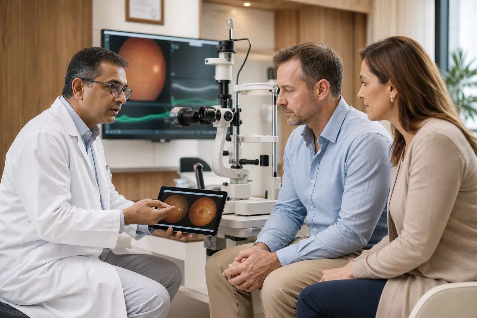 An ophthalmologist discussing retinal scans with an international patient and family member