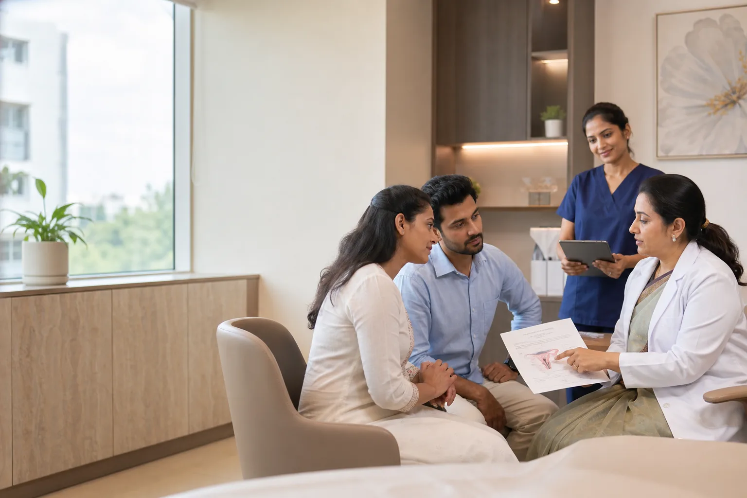 A fertility specialist discussing a care plan with an international couple
