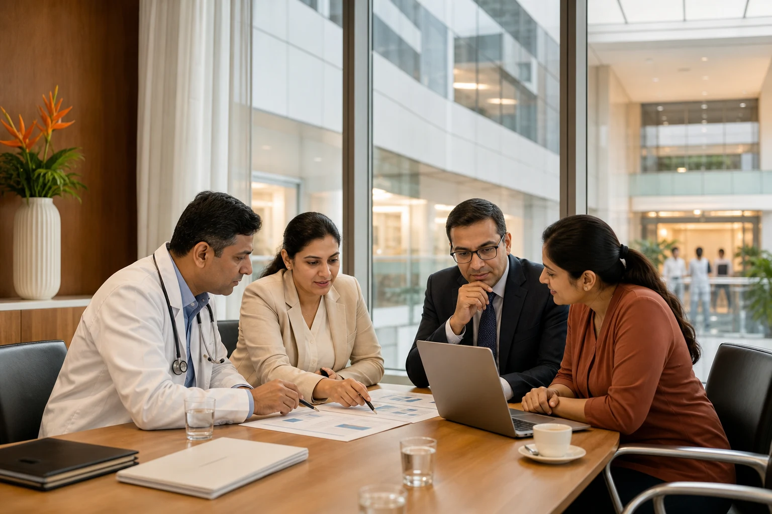 Hospital and international patient professionals reviewing a referral together