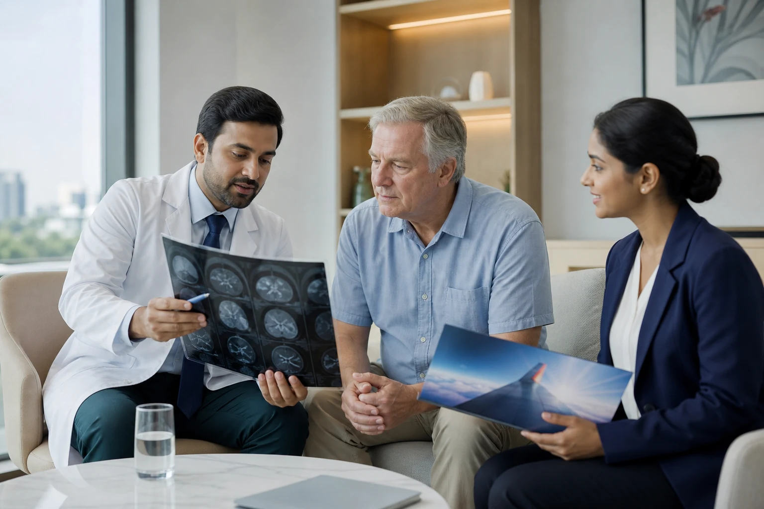 A doctor discussing medical scans while a care coordinator holds a separate travel plan