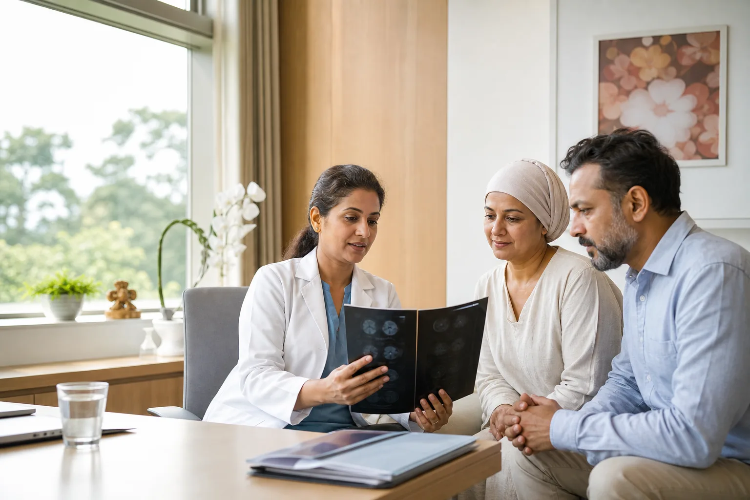An oncologist discussing a cancer care plan with an international patient and family member