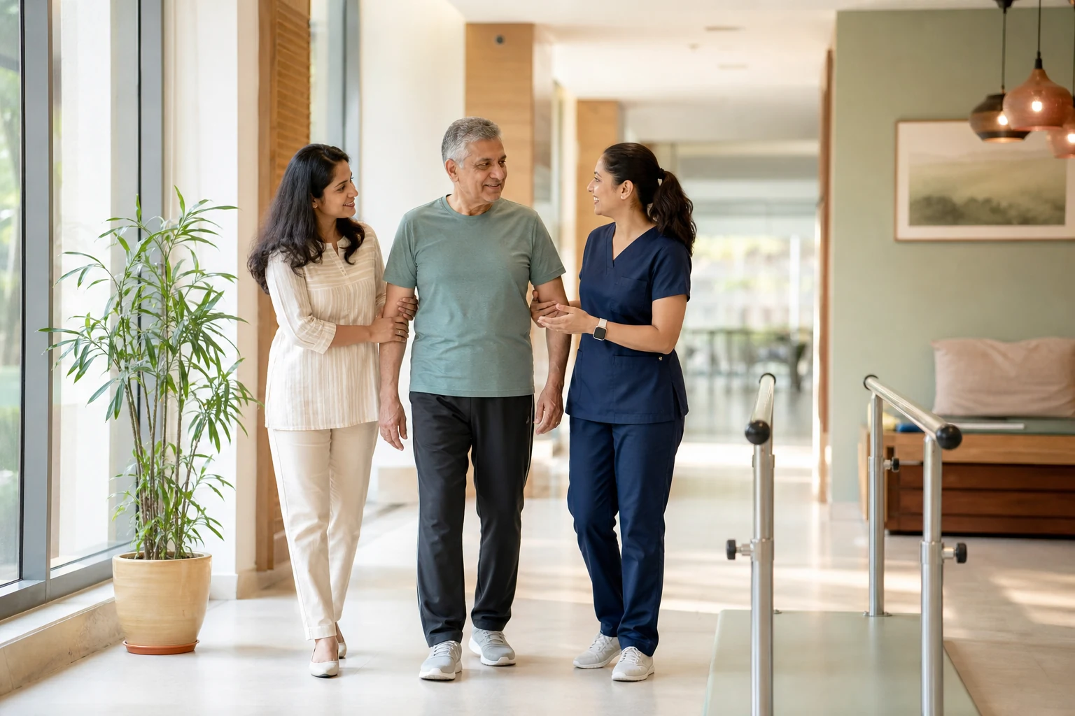 An older patient walking with support from a physiotherapy professional and family member