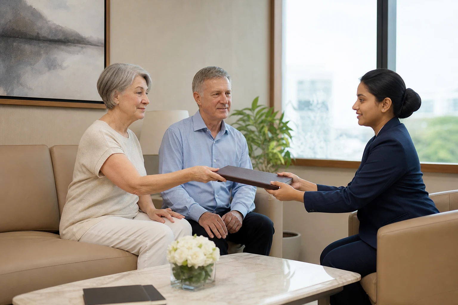 A patient sharing a closed medical folder with a care coordinator in a private consultation room