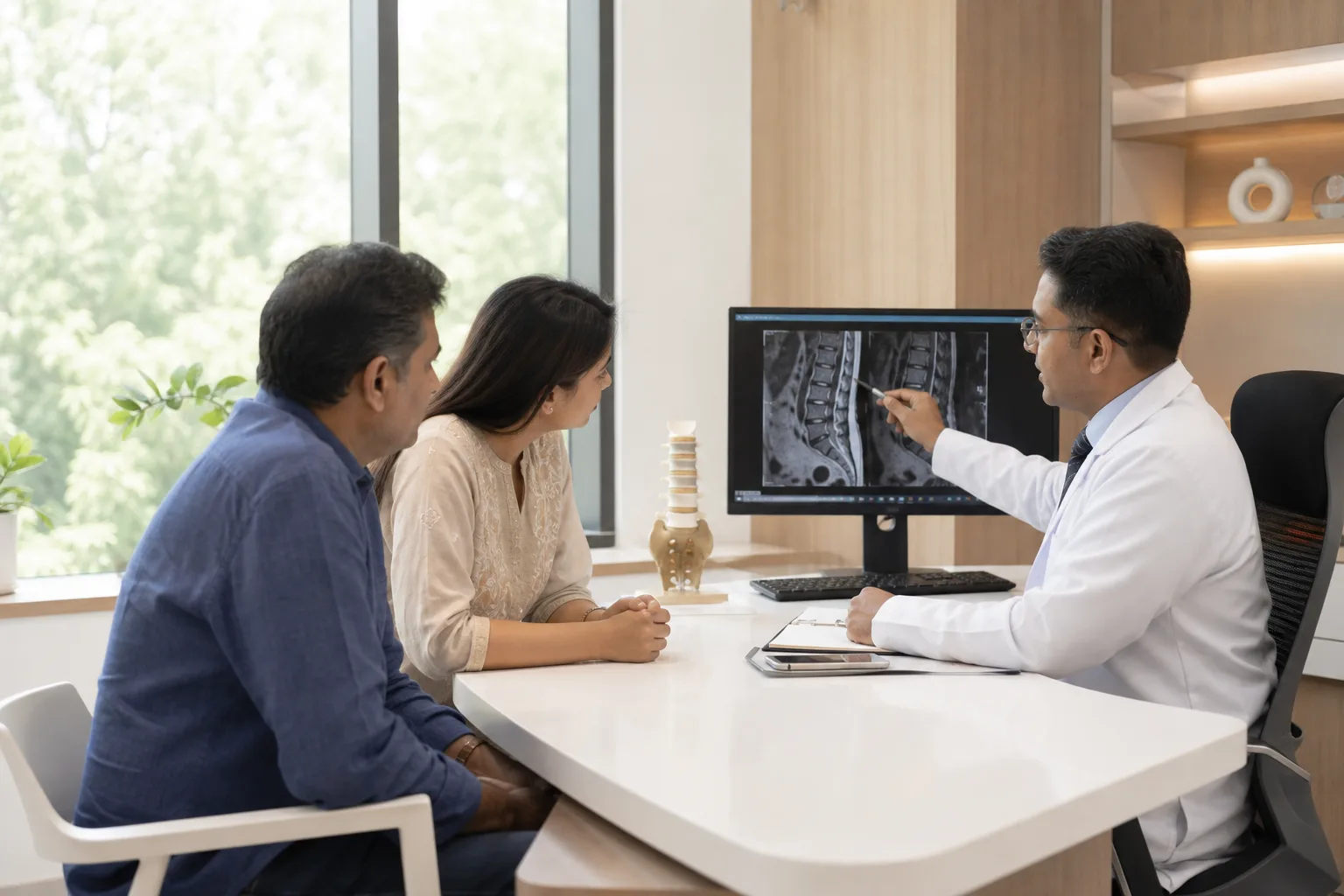 A neurosurgeon discussing a spinal MRI with an international patient and family member