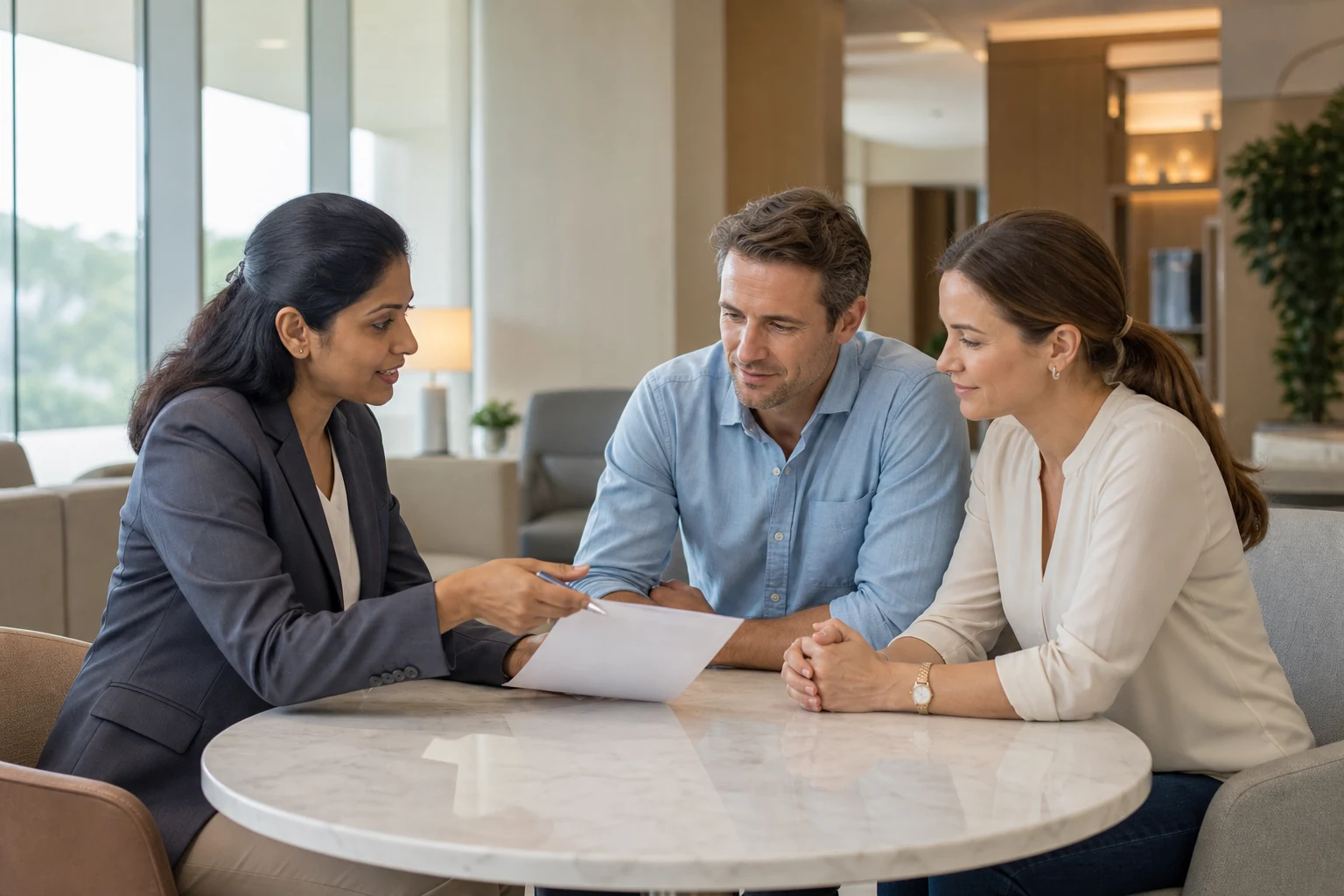 A care coordinator explaining written responsibilities to an international couple