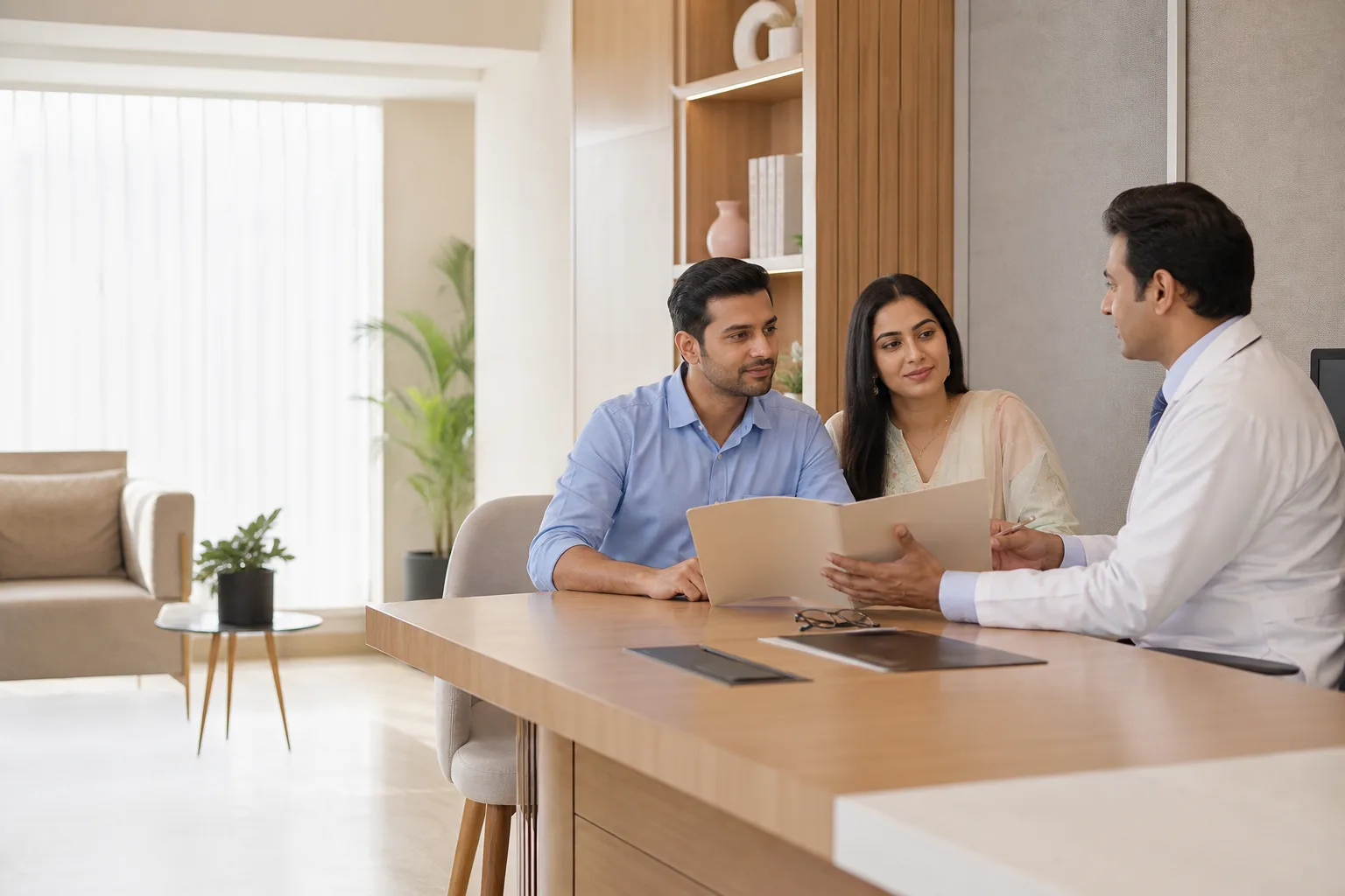 A transplant physician speaking with an international patient and family member about care planning