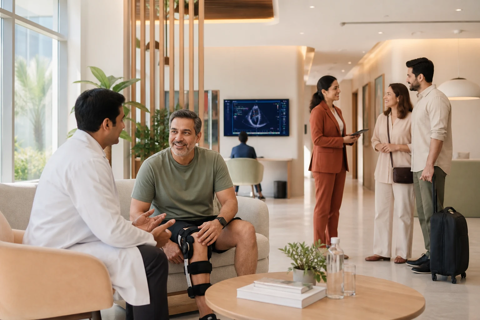 A patient discussing treatment options with a doctor while a care coordinator supports another family nearby