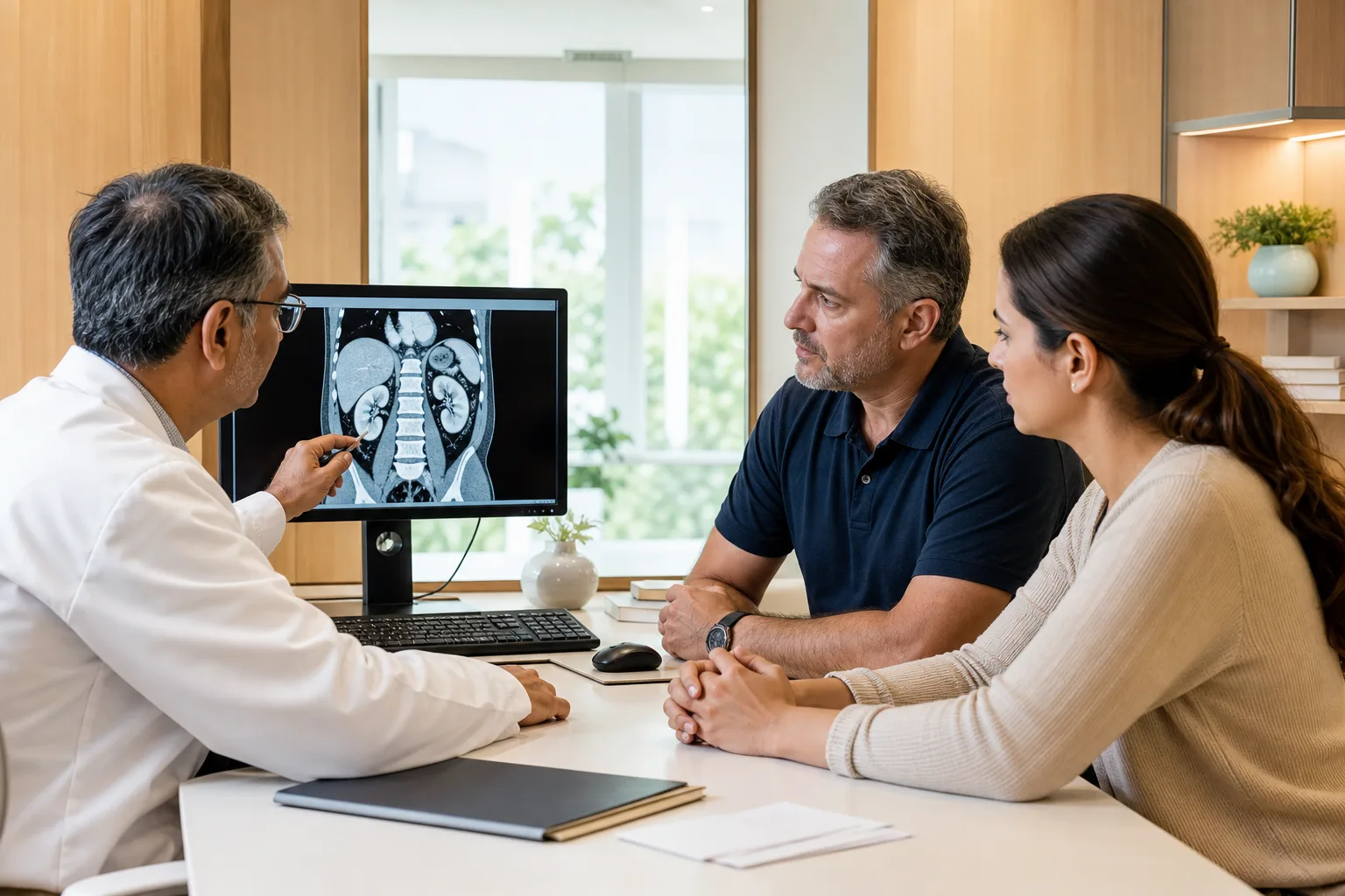 A urologist discussing a kidney scan with an international patient and family member