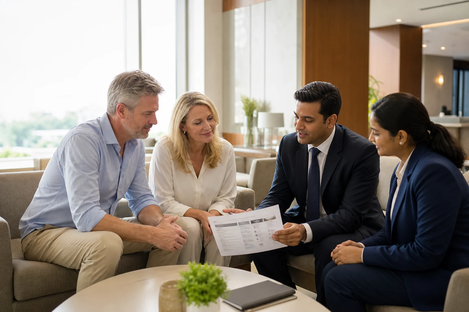 A Western couple meeting Indian care coordinators in a bright hospital lounge