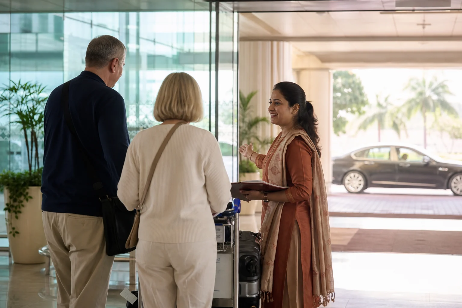 An international patient and companion being welcomed by an Indian coordinator at an airport arrival area