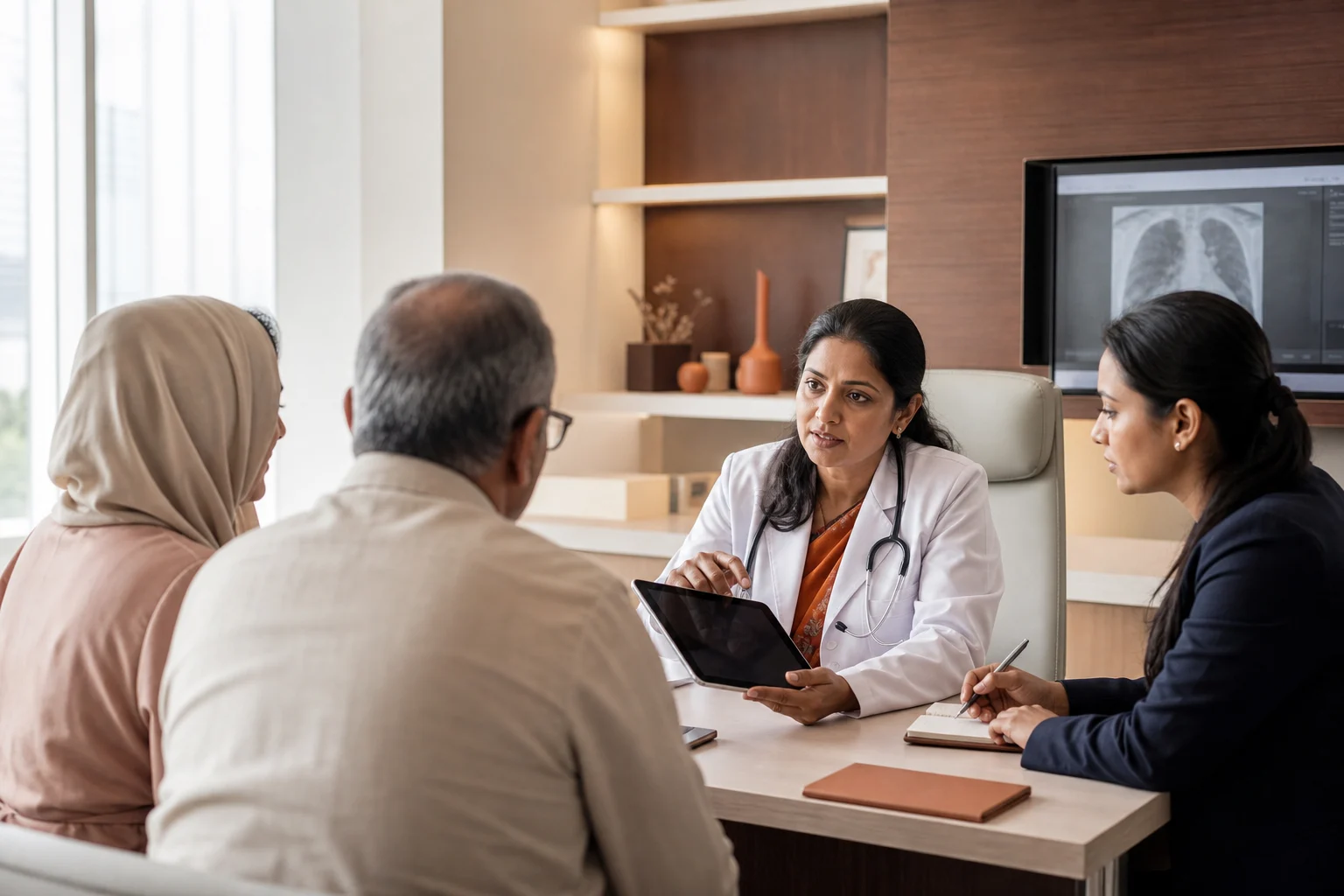 An international family discussing a treatment plan with an Indian doctor and care coordinator