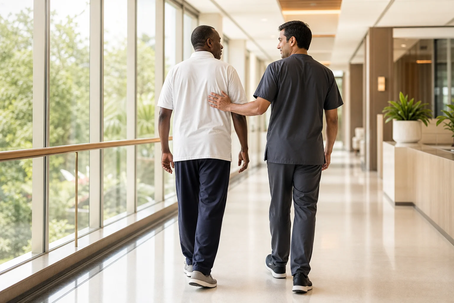 A patient walking in a bright hospital corridor with support from an Indian physiotherapist